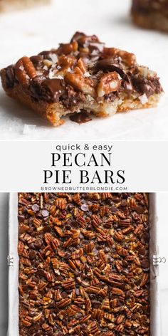 pecan pie bars with text overlay that reads quick and easy pecan pie bars