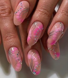 Creamfields Nails, Crystals Aesthetic, Hard Gel Nails, Aesthetic Nails, Short Acrylic Nails Designs, Pink Acrylic Nails, Nails Desing, Beauty Nail