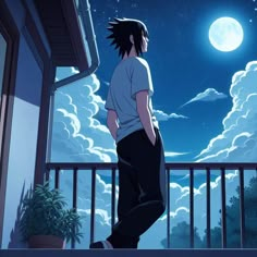 a person standing on a balcony looking at the sky with clouds and stars in the background