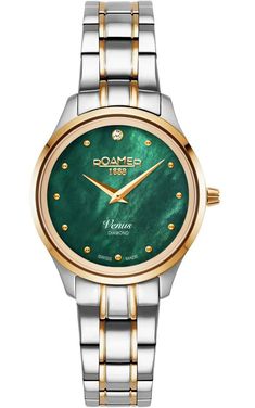 Roamer Venus Diamond 601857 47 59 20 is a beautiful and attractive Ladies watch from Venus Diamond collection. Case is made out of Stainless Steel and the Green dial gives the watch that unique look. This model has got 50 metres water resistancy – it can be submerged in water for periods, so can be used for swimming and fishing. It is not recommended for high impact water sports. We ship it with an original box and a guarantee from the manufacturer. CASE COLOR Silver & Gold GLASS Scrat Solothurn Switzerland, Yellow Watches, Elegant Watch, Watch Luxury, Diamond Collection, Watch For Women, Womens Watches Luxury, Gold Glass, Ladies Watch