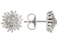 0.65ctw baguette and round white diamond, rhodium over 10k white gold cluster stud earrings. Measure approximately 3/8"L x 3/8"W and have push back backings. Diamond White Cluster Jewelry With Baguette Diamonds, Silver Baguette Cut Diamond Earrings With Accents, Fine Jewelry Cluster Earrings With Baguette Diamonds For Anniversary, Silver Baguette Diamond Round Cut Earrings, Silver Baguette Diamond Earrings, White Gold Cluster Earrings With Baguette Diamonds, Silver Earrings With Baguette Diamonds, Fine Jewelry Diamond Earrings With Baguette Diamonds, Fine Jewelry Round Cut Baguette Diamond Earrings