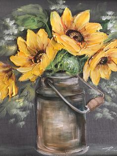 a painting of sunflowers in a jar with a watering can on the side