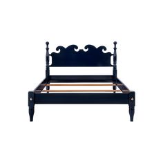 a black bed frame with an ornate headboard and foot board is shown against a white background