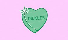 the pickles logo is shown on a green heart shaped sticker with an arrow pointing up