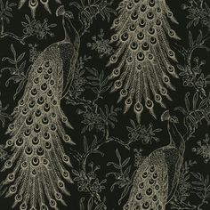 a black and white wallpaper with two peacocks on it