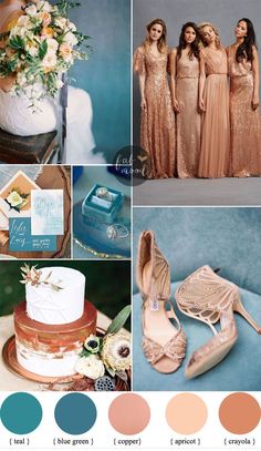 a collage of different wedding colors and bridesmaid's shoes