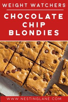 chocolate chip blondies with text overlay reading weight watchers chocolate chip blondies