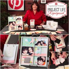 a woman sitting at a table with some pictures and cards on it's display