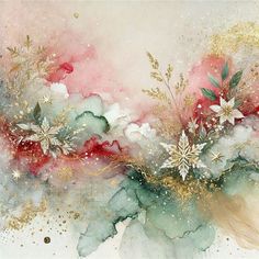 an abstract painting with flowers and stars on the bottom half of it, surrounded by snowflakes