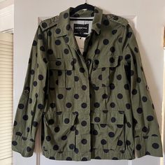 Nwt Who What Wear Polka Dot Army Jacket, Sz S Smoke And Pet-Free Home Polka Dot Long Sleeve Winter Outerwear, Spring Polka Dot Outerwear For Work, Polka Dot Outerwear For Spring Workwear, Casual Polka Dot Outerwear For Spring, Army Jacket, Wear Green, Who What Wear, Black Green, Polka Dot