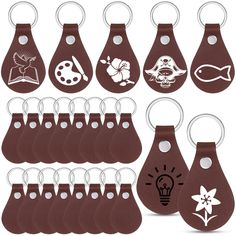 a set of eight key chains with different designs on them and an image of a light bulb