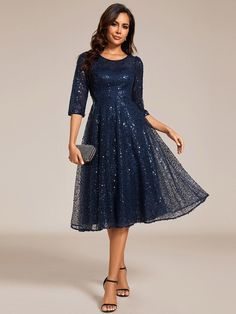 3/4 Sleeve Sparkly Sequin Round Neck Midi Wedding Guest Dress #color_Navy Blue Midi Sequin Dress, Midi Wedding Guest Dress, Navy Blue Prom Dresses, Tulle Midi Dress, Prom Dresses Sleeveless, Sequin Midi Dress, Womens Prom Dresses, Sequin Evening Dresses, Sequin Design