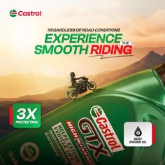 a motorcyclist is riding on top of a green bottle with the caption, experience smooth riding