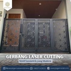 an advertisement for laser cutting in front of a building with the words gerbang laser cutting