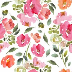 watercolor painting of pink and orange flowers on a white background, with green leaves