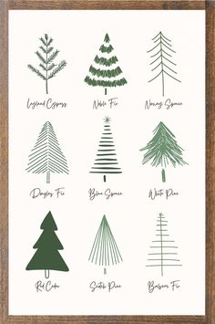 a wooden frame with different types of christmas trees