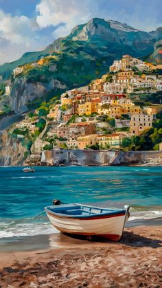 a painting of a boat on the beach with houses in the background and blue water