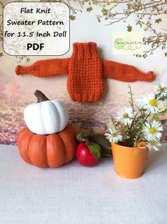 knitted sweater pattern for 11 - 15 inch doll with pumpkin and flowers in pot