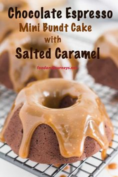 chocolate espresso mini bundt cake with salted caramel icing on a cooling rack