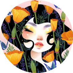 an illustration of a woman with flowers in her hair and the face is surrounded by orange flowers