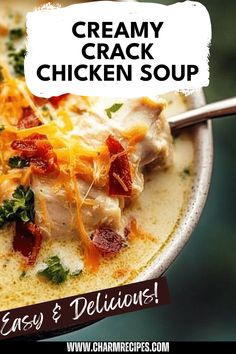 A delicious bowl of creamy Crack Chicken Soup filled with shredded chicken, crispy bacon, and cheddar cheese, perfect for cozy meals. This image encapsulates decadent comfort food made easy. Shredded Chicken Soup Recipes, Recipes With Shredded Chicken, Everyday Dinners, Chicken Crispy, Ranch Chicken, Ranch Seasoning, Family Meal