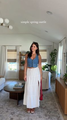 Camila Skirt in White curated on LTK Italy Casual Outfit, Long White Skirt Styling, White Skirt Styling, Denim Vest White Skirt, White Maxi Skirt Outfit Summer Casual, White Skirts Outfits, White Long Skirt Outfit Ideas, Flowy Skirt Outfit Summer, Maxi White Skirt Outfit