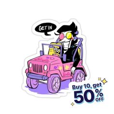 a pink jeep with a cartoon character on it's hood and the words get in buy