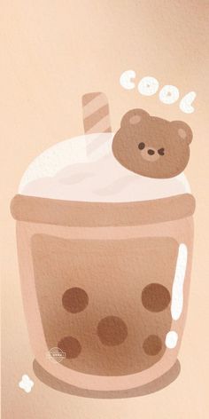 a coffee cup with a teddy bear in the top and bubble coming out of it