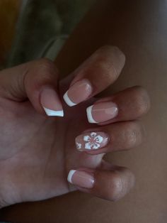 Flower Designs For Nails, French Tip With Hibiscus Flower, Puerto Rico Nails, Pr Nails, Holiday Acrylic Nails, Beach Nail Designs, Girly Acrylic