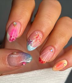 Seashell Nails, Beachy Nails, Summery Nails, Girly Acrylic Nails, Mermaid Nails, Vacation Nails, Beach Nails