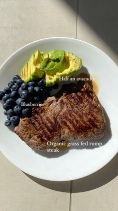 steak, blueberries, avocado, and spinach on a white plate