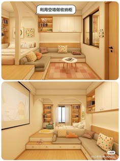 two pictures of a living room and bedroom in different stages of being made into an apartment