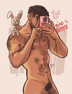 the man is taking a selfie with his phone while holding a rabbit on his shoulder