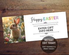 an easter bunny gift card with the words happy easter on it and a photo of a bunny