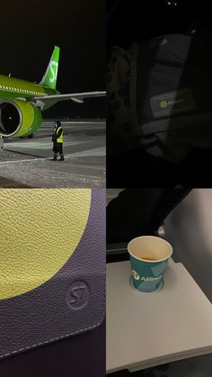 an airplane on the tarmac and a coffee cup