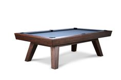 the pool table is made out of wood and has a blue cloth on one side