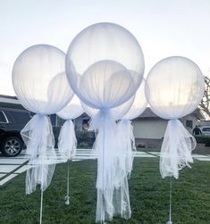 some white balloons are in the grass