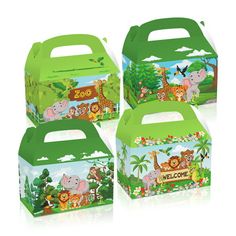 These party favor boxes: the animals look silly but cute, them are live together in the jungle friendly and harmonious. These gift treat boxes are made of 250g European standard eco-friendly card paper, non-toxic, tasteless and durable. They are very safe for keeping cookies, chocolates, candies, desserts, snacks and small toys wrapping. Size: S.  Color: Green. Zoo Pals, Forest Theme Party, Birthday Party Goodie Bags, Jungle Theme Birthday Party, Zoo Birthday Party, Animal Theme Birthday, Jungle Safari Birthday, Favor Boxes Birthday, Jungle Theme Birthday