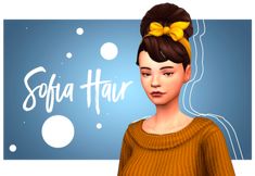 an animated image of a woman with a yellow bow in her hair and the words sofia hair above her head