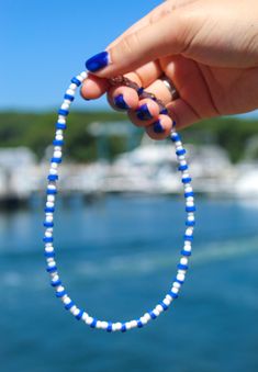 August 2022 choker launch!! Our handmade beaded blue and white chokers are uniquely designed and created with care! Please read the FAQ on more information regarding jewelry care! Ideas Para Collares, Blue Summer Choker As A Gift, Blue Choker As Summer Gift, Blue And White Beads Bracelet, Summer Blue Choker As Gift, Handmade Blue Choker For Summer, Blue Handmade Choker For Summer, Blue And White Necklace Beads, Summer Gift Blue Choker