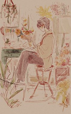 a drawing of a woman sitting at a desk with flowers in her lap and writing