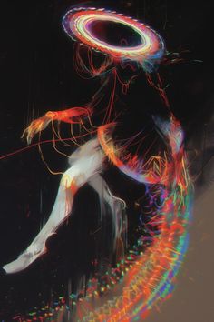 a person is dancing with colored lights in the dark