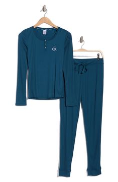 These soft brushed-jersey pajamas offer a cozy space to bask away in luxe, lounge-all-day comfort. 22 1/2" top length; 29" inseam; 9 1/2" front rise (size Medium) 64% polyester, 34% viscose, 2% elastane Machine wash, tumble dry Imported Jersey Pajamas, Majolica Blue, Luxe Lounge, Cozy Space, Nordstrom Rack, Calvin Klein, Pajamas, Lounge, Nordstrom