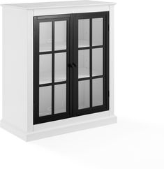 a black and white cabinet with glass doors on the front, against a white background