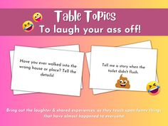 These FUNNY Conversation Starters are Perfect For Any Occasion! These table topics make sure to have a GREAT dinner party, stay At Home Game, Family Game, Party Game or Maybe For A Ladies Night or Game Night? It's Just a Super Fun Ice Breaker Activity! Get ready for a hilarious and entertaining evening with our collection of 128 funny questions! These questions are designed to bring out the laughter and shared experiences among your guests, as they touch upon funny things that have almost happen Funny Tasks, Funny Conversation Starters, Ladies Night Games, Table Topics, Ice Breaker Questions, Funny Printables, Funny Conversations, Icebreaker Activities, Cards Table