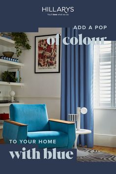 Blue curtains layered with white tier on tier shutters. In front of the window there's a blue armchair. There are inbuilt shelves behind the chair with lots of plants, books and ornaments. Curtains And Shutters, Teal Curtains, Keeping Rooms, Layered Curtains, Living Room Corner, Room Corner, Blue Curtains, Blue Living Room