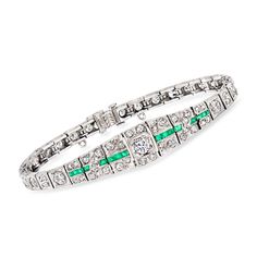 Ross-Simons - C. 1935 Vintage 2.75ct t. w. Diamond, .33ct t. w. Emerald Bracelet. 6.25". C. 1935. Showcasing a mix of glimmer and green, this Art Deco-era bracelet from our Estate collection is sure to attract admiring glances. The rectangular links, which graduate towards the center of the wrist, are decorated with 2.75 ct. t. w. round and round brilliant-cut diamonds and a vibrant stripe of .33 ct. t. w. square emeralds. Crafted in platinum. Includes a single-latch safety and safety chain. Gra Era Bracelet, 55th Wedding Anniversary, Emerald Birthstone, Emerald Bracelet, Emerald Color, Safety Chain, Art Deco Era, Vintage Diamond, Round Brilliant Cut Diamond