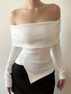 Solid Off Shoulder Asymmetric Hem Long Sleeve T-Shirt White Casual  Long Sleeve Knitted Fabric Plain  High Stretch  Women Clothing, size features are:Bust: ,Length: ,Sleeve Length: Off Shoulder T Shirt, White Top Women, Aesthetic Streetwear, Streetwear Mode, Off Shoulder Fashion, Long Sleeve Tops Casual, Top Shirt Women, Bottoming Shirt, Asymmetrical Tops