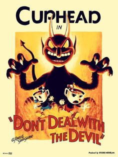 an advertisement for cuphead in the 1950's, with devil and demon faces