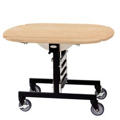 a wooden table with wheels on it